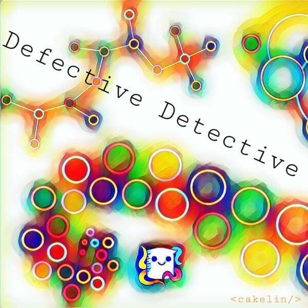 Defective Detective Podcast image: bright rainbow colors with geometric and scientific elements. Octopus in beaker logo at bottom. 